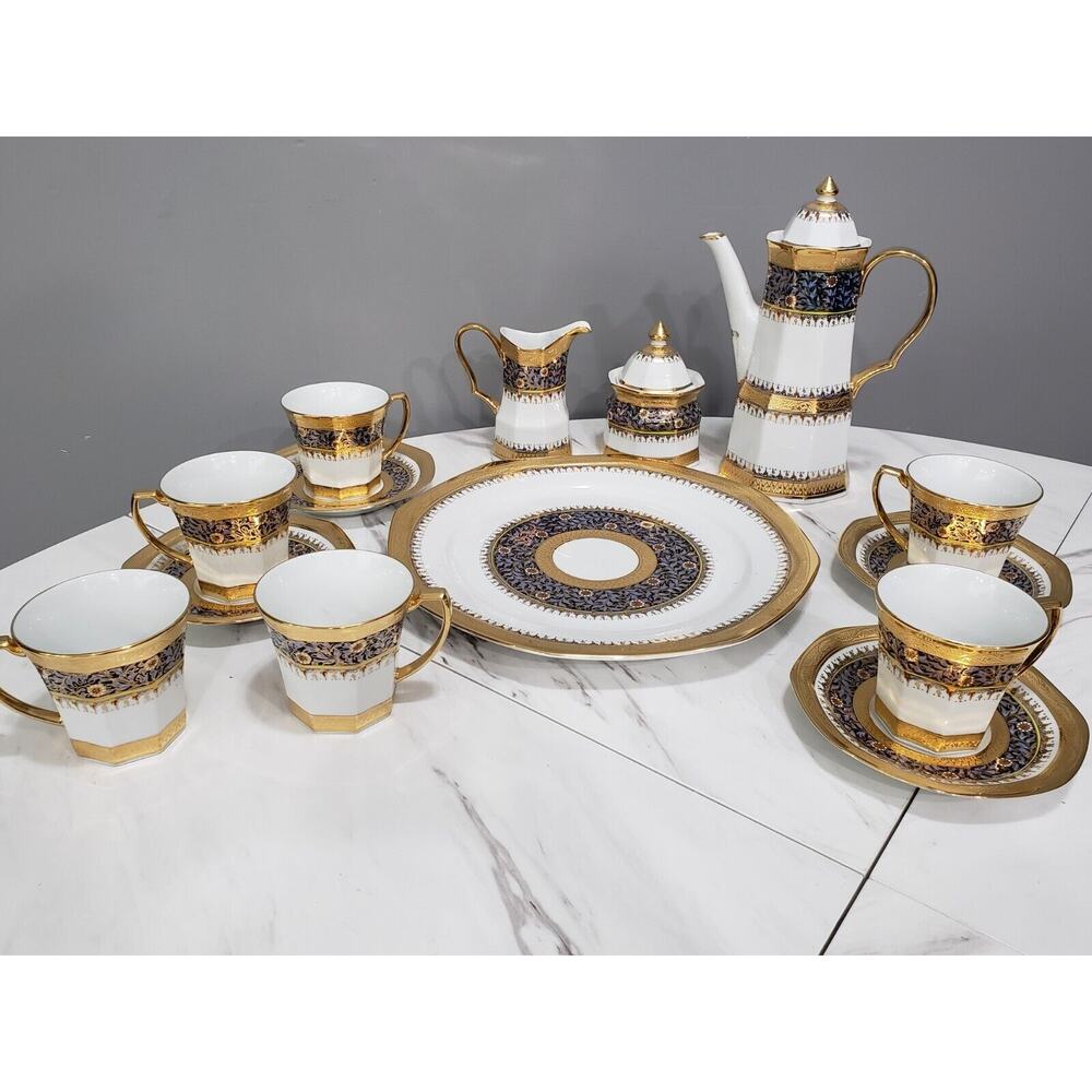 Antique Hand-Painted Chocolate Pot Set 6 Cups & Saucer set Gold Gilding Thailand
